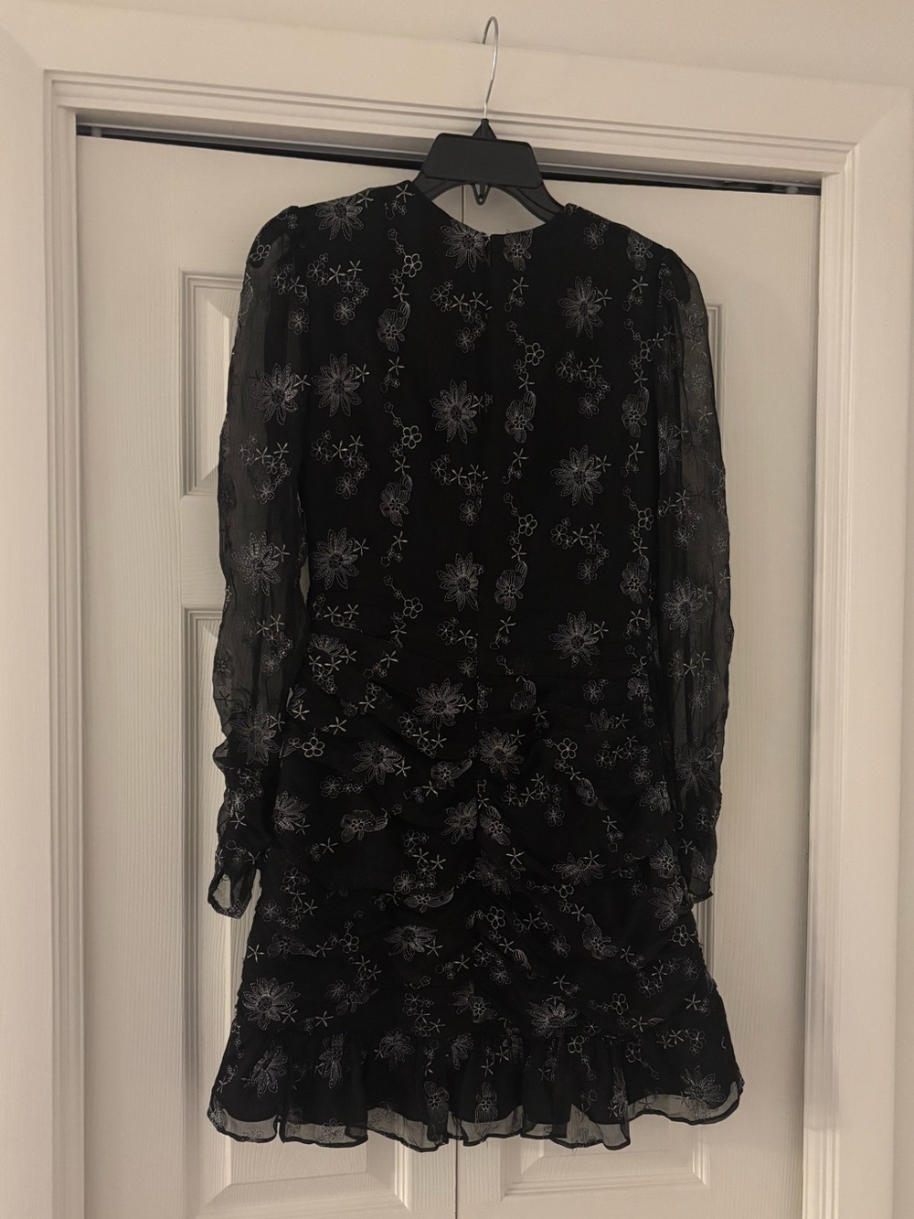 STEVIE MAY Black Long Sleeve Silver Floral Ruffle Ruched Mini Dress - Picture 13 of 15